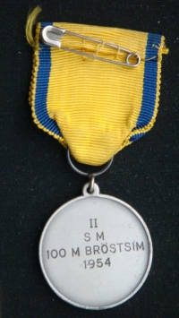 Медаль  Шведская федерация плавания. Чемпионат Швеции 1954год II приз 100 м брассом.